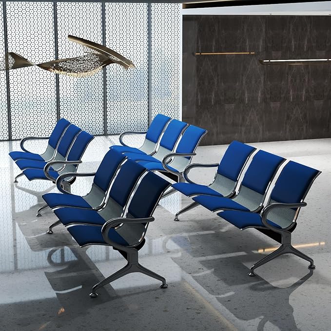 Kinfant Blue 12-Seat Waiting Room Chairs with Arms – Heavy-Duty Steel Frame PU Leather Back & Cushioned Seat, Ergonomic Office Reception Guest Chair for Lobby, Clinic, Airport