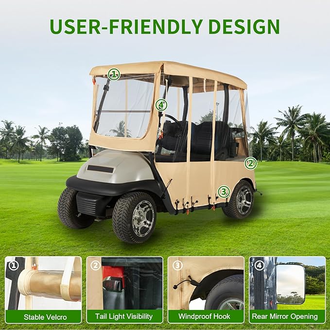 Tecoom Golf Cart Enclosure 2 Passenger, Rain Cover 600D Oxford Waterproof Snowproof, 4 Door Zippers, Clear Windows & 8 Windproof Hooks, Fit for EZGO, Yamaha, Club Car, 59'' Roof Length, Beige
