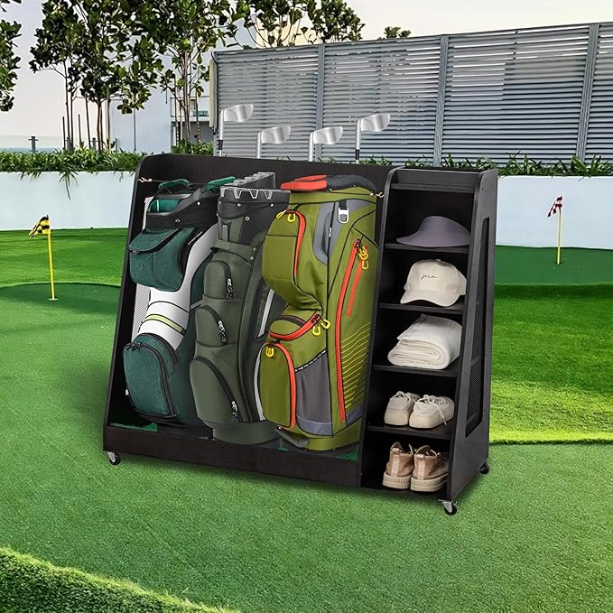 Wooden Golf Bag Organizer Garage Large Golf Bag Storage Rack Stand with Wheels Fits 3 Golf Bags, Golf Clubs and Other Golfing Equipment Accessories Golf Bag Holder for Garage, Club, Shed Basement