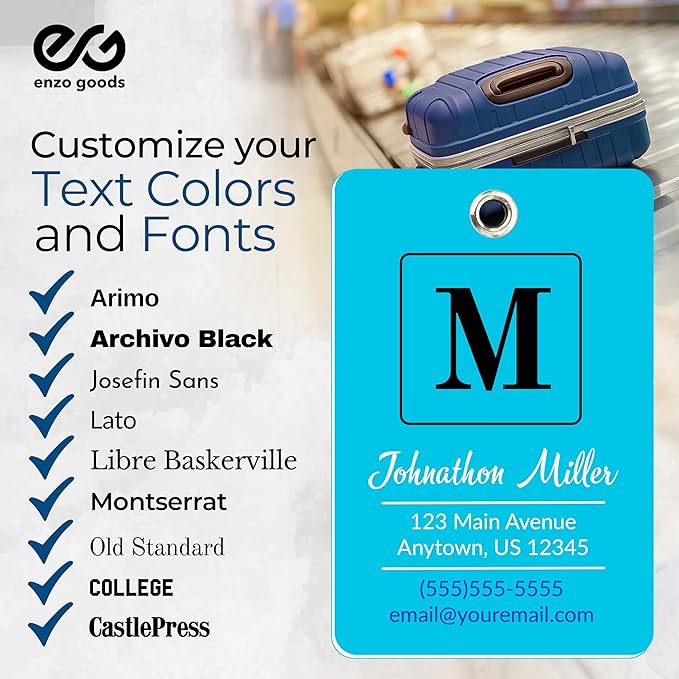 Personalized Luggage Tag | 4 Pack | Custom Luggage Tags for Suitcases | Kids Backpack Tag | 10 Color Options & Choose Font, Font Color