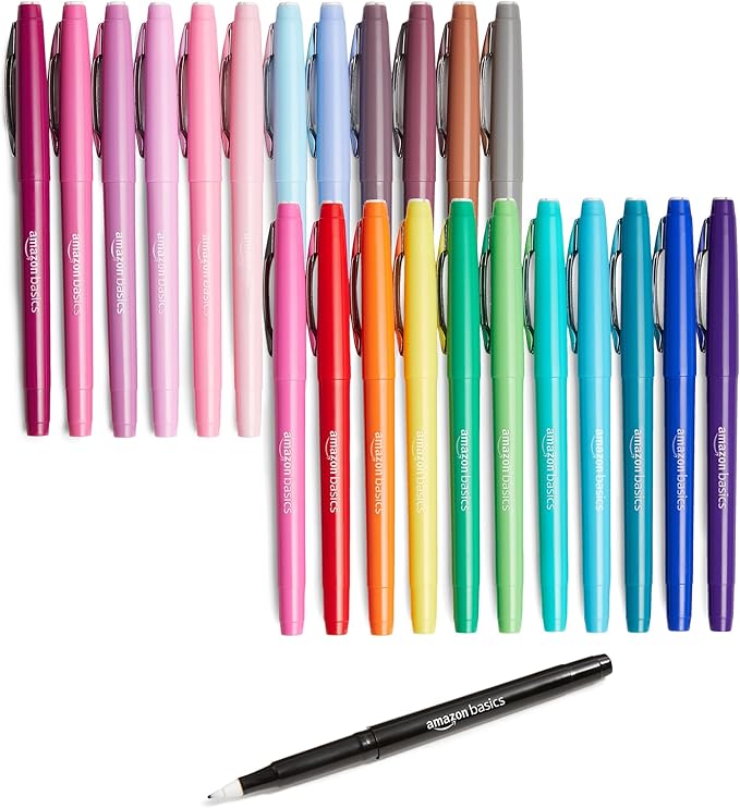 Amazon Basics Felt Tip Marker Pens, Versatile for Writing, Drawing, and Journaling, Assorted Colors, 24-Pack