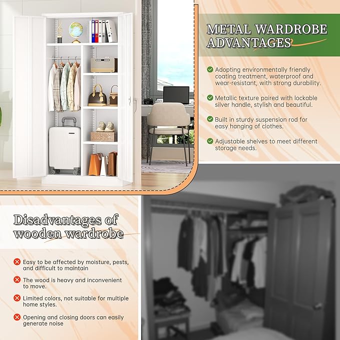 Greenvelly Metal Wardrobe Cabinet with Locking Doors, 72" H x 36" W White Metal Wardrobe Closet Cabinet with Hanging Rods and Adjustable Shelves, Steel Storage Closet for Home, Office, Employee, Gym