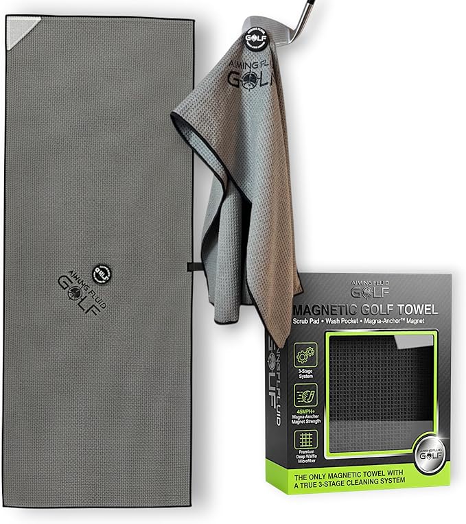 Magnetic Towel Club Glove Gear - 3 Stage Cleaning System- Microfiber Rag with Magnet for Golfcart Bags for Men and Women Cool Grey, 16" x 40" The 40