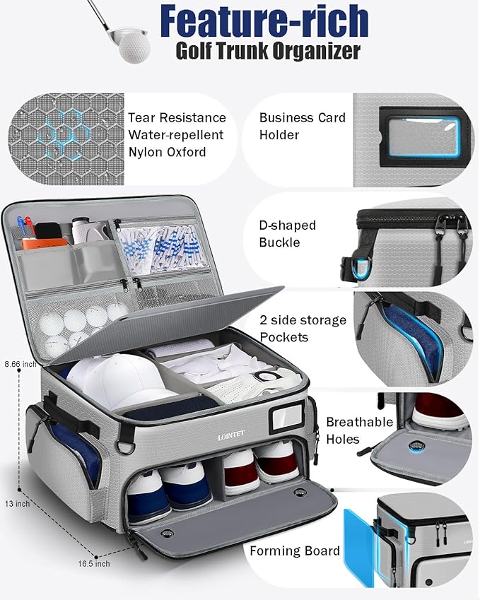 Golf Trunk Organizer, Waterproof Car Golf Locker with Separate Ventilated Compartment for 2 Pair Shoes, Golf Storage for Balls, Tees, Cap, Clothes, Gloves, Accessories, Gifts for Men, Women