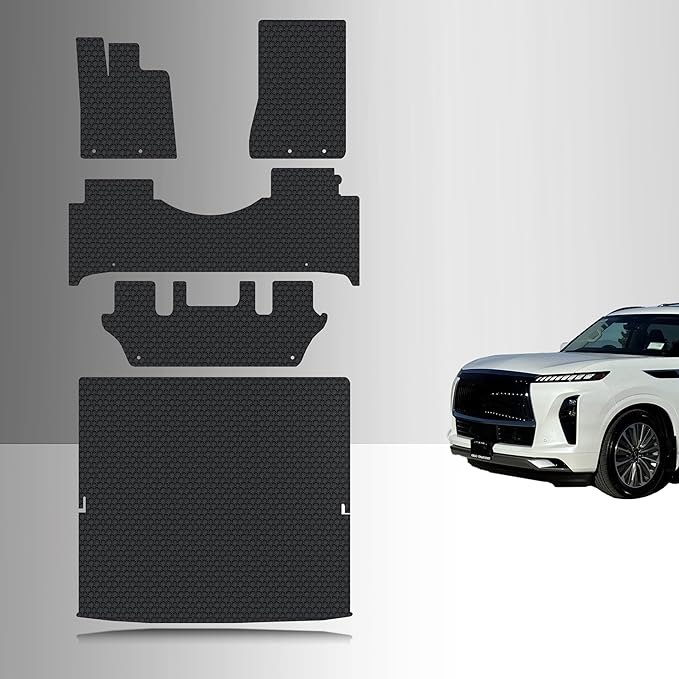 TOUGHPRO Full Set Floor + 3rd Row Down Cargo Mat Accessories Set for Infiniti QX80 2nd Row Bucket Seating with Full Console All Weather Heavy Duty (Made in USA) Black Rubber 2025 2026