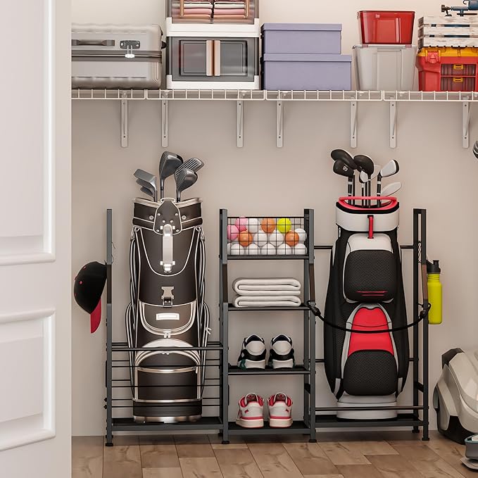 Sonyabecca Golf Bag Stand Golf Storage Organizer for Garage with Basket and Hooks, Storage Rack for 2 Golf Bag, Golf Gift for Men Sports Equipment Organizer, Two Assembly Methods