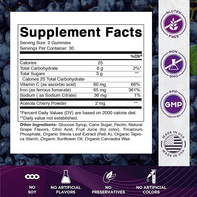 Vitamatic Iron 65 mg Gummies Supplement for Women & Men - 60 Vegan Gummies - Great Tasting Iron Gummy Vitamins with Vitamin C (3)