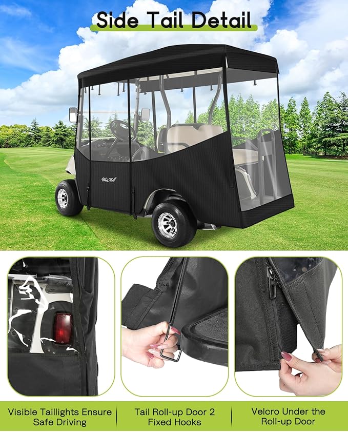 Golf Cart Enclosure 4 Passenger for EZGO RXV 2+2 600D Waterproof Windproof Driving Rain Cover Fit 4-Seater 80" Extended Roof 4-Sided Clear Windows Roll-up Door Black