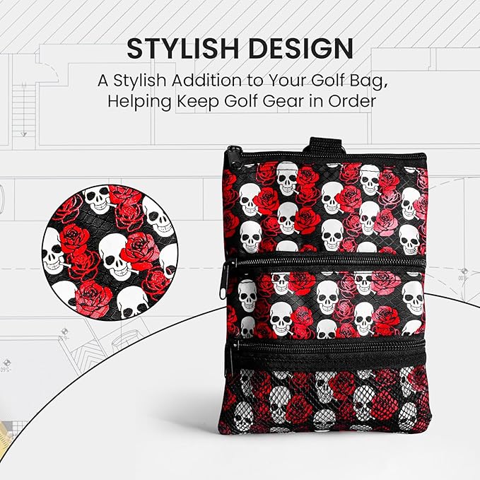 Golf Bag Accessories Valuables Pouch Bags Multi Pocket Zipper Hook with 10 Pcs Wood Golf Tees for Men Women