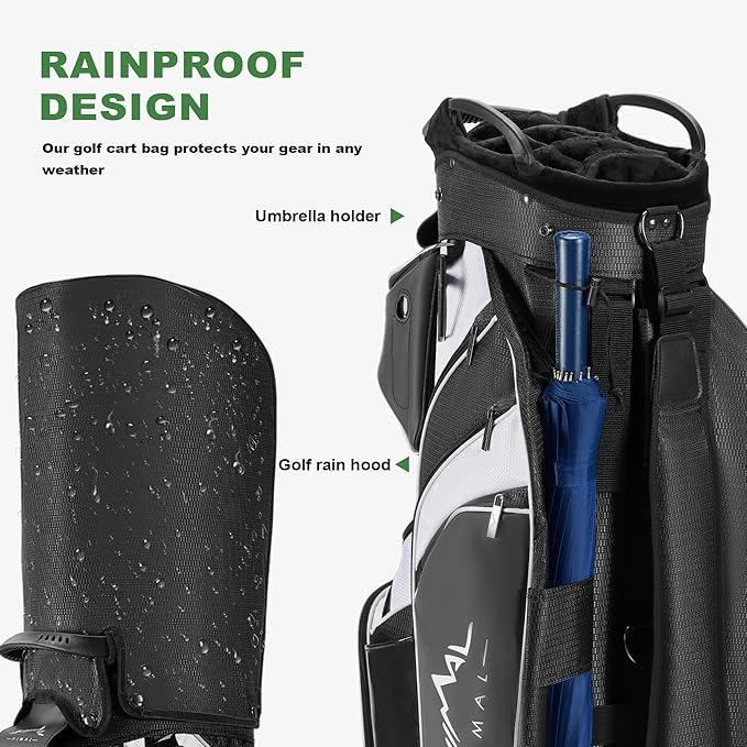 14-Way Golf Cart Bag with Full Length Divider, Premium PU Leather Golf Bag with Plush Top, Magnetic Pocket and Rain Cover for Men