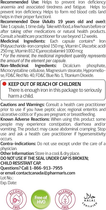 IMAX Iron Supplement 150 mg, Vitamin C 250 mg & B12 1000 mcg, Iron Supplement Treatment for Women & Men, Once Daily, 100 Capsules