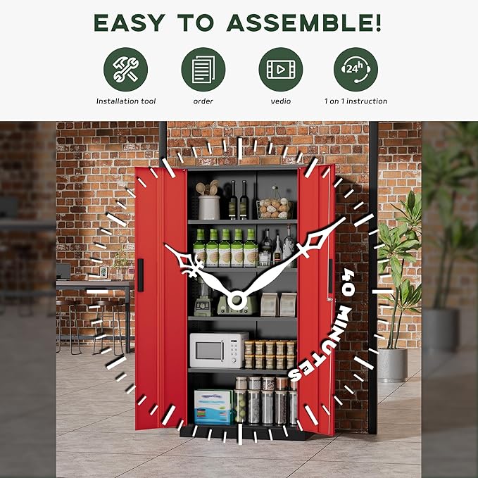 Greenvelly Metal Garage Storage Cabinet, 72" Black Red Tool Steel Locking Cabinet with Doors and 4 Shelves, Tall Cabinets for Garage Storage Systems Lockable File Cabinet for Home Office,Garage