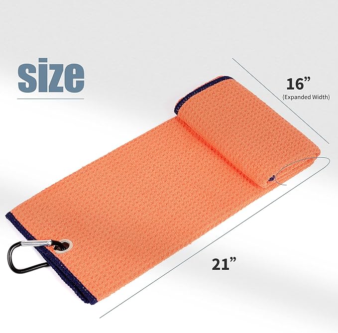 Mile High Life Tri-fold Golf Towel | Premium Microfiber Fabric | Waffle Pattern | with Heavy Duty Carabiner Clip | Golf Towel for Men and Women (Orange)