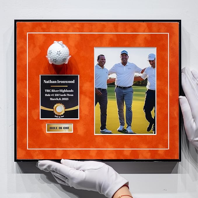One-Shot Victory Golf Ball Display Frame – Acrylic Case with External Ball Mount, Custom Photo & Nameplate, Orange Suede Mat, Elegant Golf Keepsake Gift