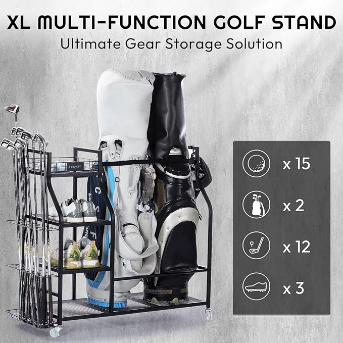 A11N SPORTS Golf Bag Stand for Garage with 4 Hooks & Club Holder, Golf Organizer for 2 Bags, Rolling Storage Rack with Wheels, Heavy-Duty All-Metal Frame