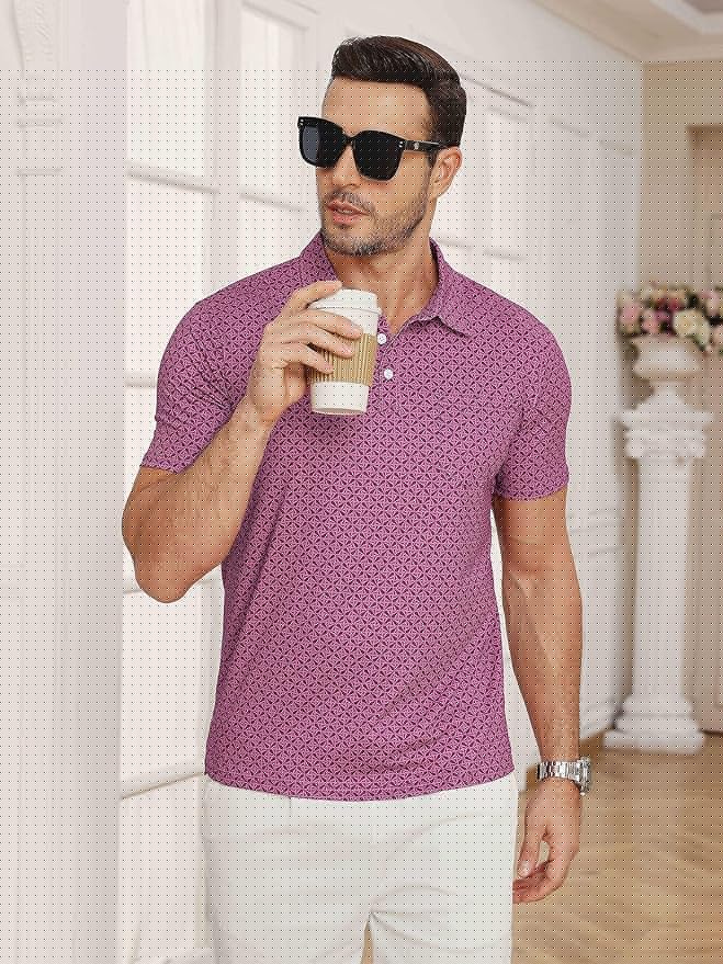 Lexiart Mens Golf Shirt Short Sleeve Dry Fit Print Moisture Wicking Performance Patterns Collared Polo Shirt with Pocket