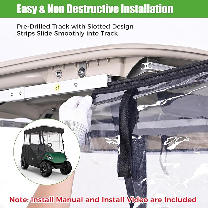 10L0L 3-Sided Track Style Golf Cart Enclosure fit 2 Passenger Yamaha G29 Drive,Waterproof 600D Oxford Cloth Yamaha Rain Cover with Aluminum Pre-Drilled Track,Clear PVC Windshield-Black Valance
