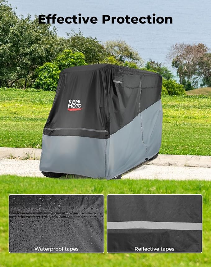 KEMIMOTO Golf Cart Cover, 2/2+2/4/4+2/6/6+2/8 Passenger Heavy Duty Golf Cart Rain Covers with Storage Bag Universal Compatible with EZGO Club Car