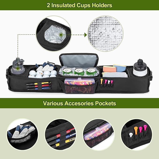Golf Cart Storage Tray, No-Drilling Front Storage Basket Compatible with EZGO, Club Car, Kandi Golf Carts, Organizer with Cooling Compartment (Patent Design)