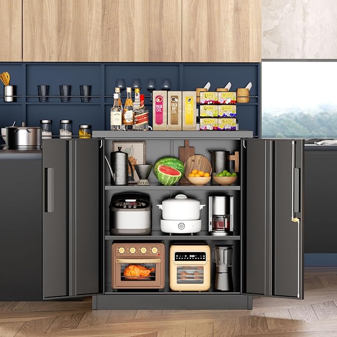 Pataku Metal Storage Cabinet, Garage Cabinet with Doors and Shelves 36" Hx32 Wx16 D, Steel Lockable File Cabinets for Office, Home, Garage, Basement, Industrial, Black