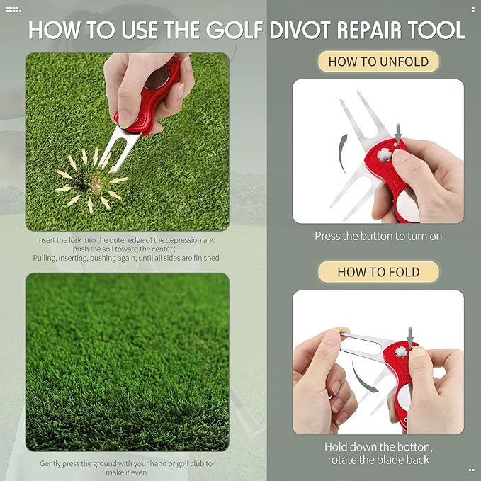 Skylety 4 Pcs Golf Divot Repair Tool Metal Foldable Golf Divot Tool with Magnetic Pop-up Button Ball Marker Stainless Steel Switchblade for Golfers Prizes