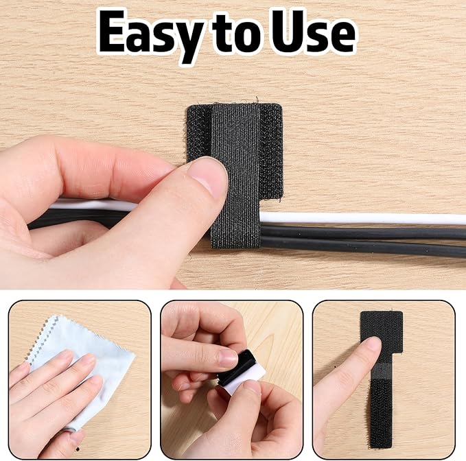 80 Pcs Hook and Loop Cable Straps, Self-Adhesive Hook and Loop Cable Ties Reusable Wire Organizers for Cords Home and Office Black
