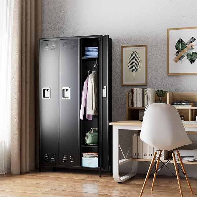 METAN Metal Locker for School Office Gym Bedroom,3 Doors Steel Storage Locker Cabinet for Employees,Industrial Storage Locker with 2 Shelves,Assembly Required (3 Door-Black)