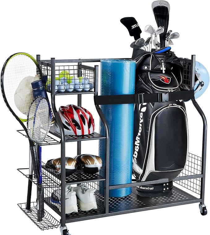 VEVOR Golf Bag Organizer, Golf Bag Storage Rack Stand Holder, Sports Equipment Storage Rack, Golf Storage Organizer for Garage, Sports Gear, Toys Storage Rack Hooks