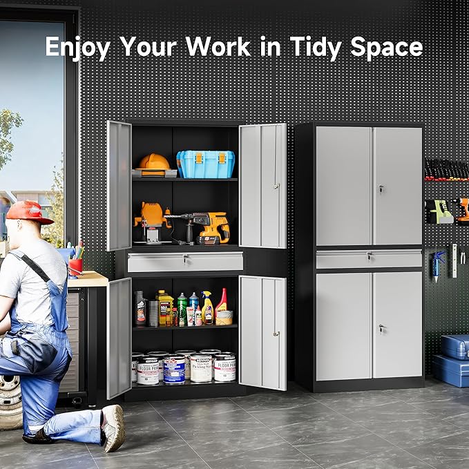 Metal Storage Cabinet with Doors and Shelves,Garage Storage Cabinets with Lock and Drawer,Metal Cabinet with Locking Doors,4 Door Steel Cabinet,71" Tall Lockable Cabinets for Garage,Home,Office