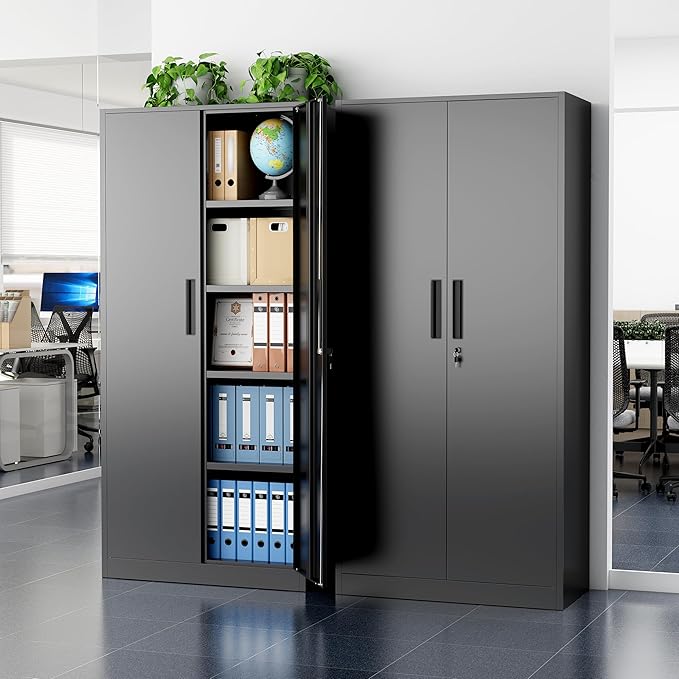 Greenvelly Metal Storage Cabinet, 72" Black Locking Metal Cabinet with 2 Doors and 4 Adjustable Shelves, Lockable Garage Storage Cabinets for Home Office, Garage, Kitchen, Living Room