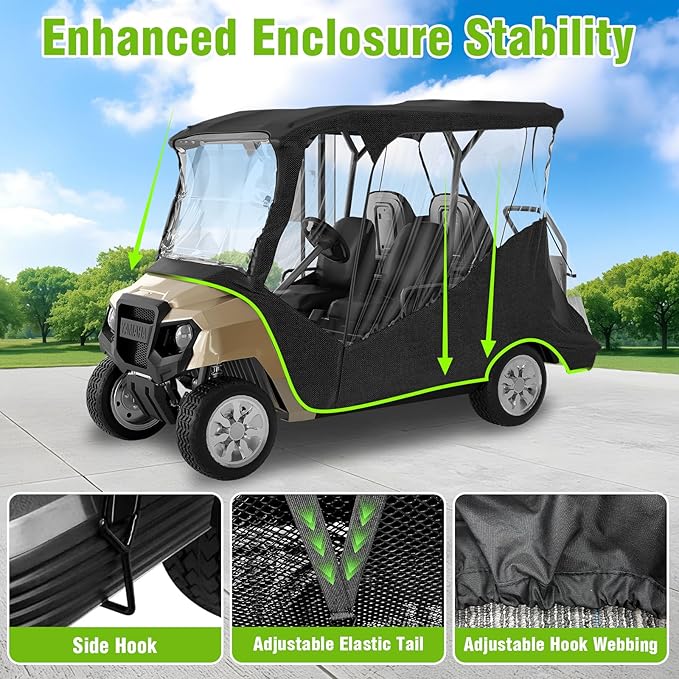 Golf Cart Enclosure for Club Car DS Precedent | 4-Passenger Waterproof Cover with Extended Roof & Roll-Up Windshield