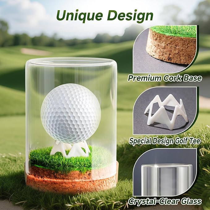Rocalt Golf Ball Display Case, Hole in One Golf Ball Display Case, Clear Glass Golf Ball Holder with Cork Base, Lifelike Turf, and Plastics Tee, Golf Gifts Decor