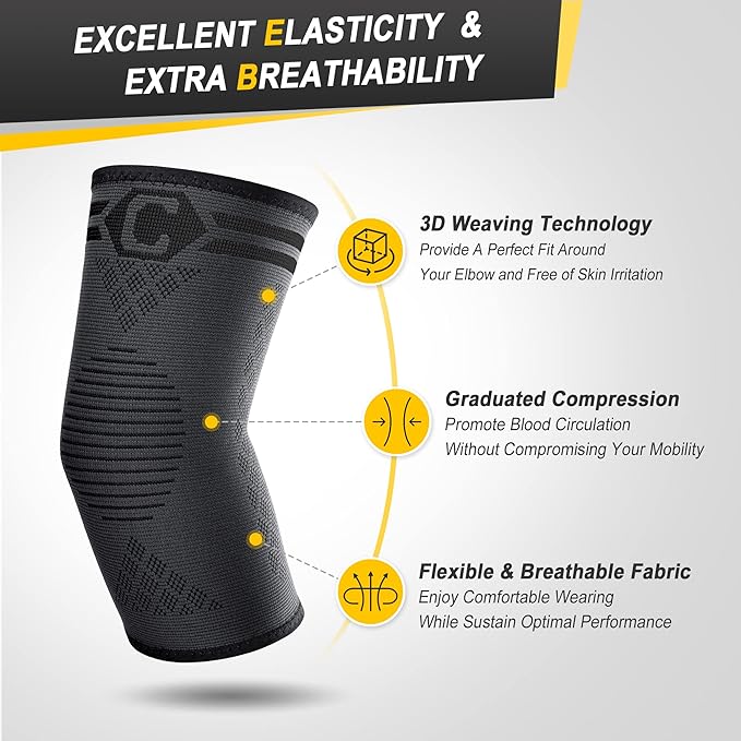 CAMBIVO 2 Pack Elbow Brace for Tendonitis, Tennis Elbow Compression Support Sleeve for Golfers Elbow Pain Relief, Arthritis, Bursitis, Workout, Weightlifting (Black-Grey,Large)