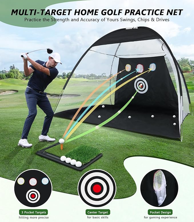 Golf Net with Heavy-Duty Hitting Mat for Indoor & Outdoor Golf Hitting Chipping Swing Driving Practice, Mult-Targets 10x7ft Practice Nets for Backyard Driving, Gifts for Men Dad Husband Golfers