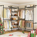 ONBRILL L4 Wall Mounted Industrial Pipe Clothing Rack, Closet Organizer System with 6 Hanging Clothes Rods ( 4 Expandable Rods) & 8 Shelves, Heavy Duty Corner Garment Rack, Large Wardrobe - Black