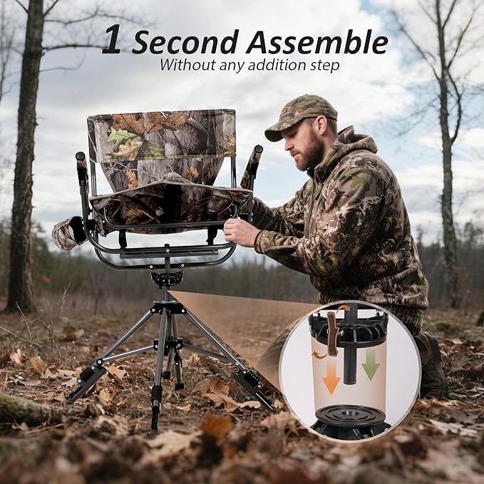REDCAMP 360° Swivel Hunting Chair with Adjustable Feet for Ground Blinds, Portable Folding Camo Camping Chairs for Adults Hunting Seats with Hard Arms for Fishing Camping