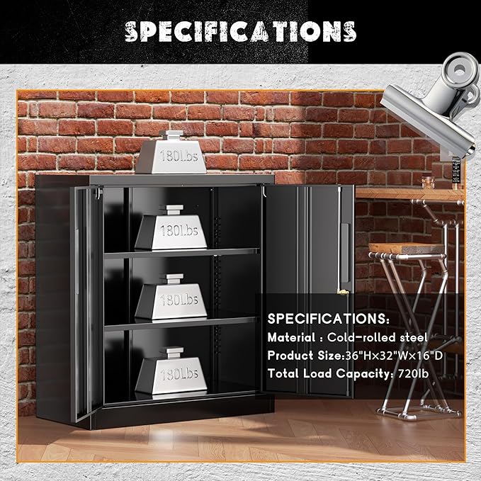 Greenvelly Metal Garage Cabinet, 36" H Locking Metal Storage Cabinet with 2 Doors and Adjustable Shelves, Black Steel File cabinets for Home Office, Garage and Utility Room (32" W x 16" D)