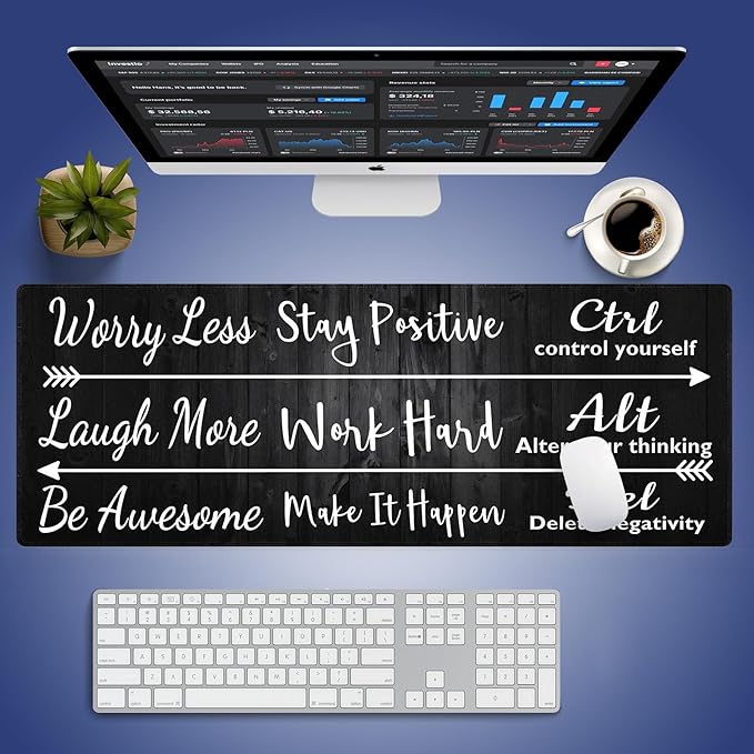 Wknoon. Extra Large Gaming & Office Mouse Pad (31.5" x 11.8") – Stay Positive Work Hard Inspirational Quote & Rustic Black Wood Grain, Premium Anti-Slip XXL Desk Mat with Durable Stitched Edges