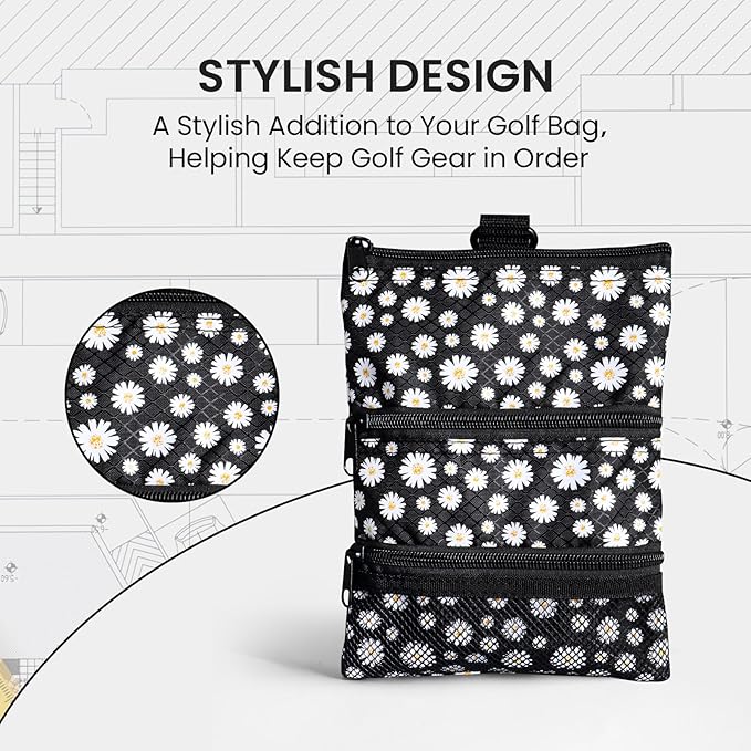 FINGER TEN Golf Pouch Bag for Valuables Tee Color with 4 Golf Pencil Pack, Zippered Pocket Gear Clip Hook to Bag