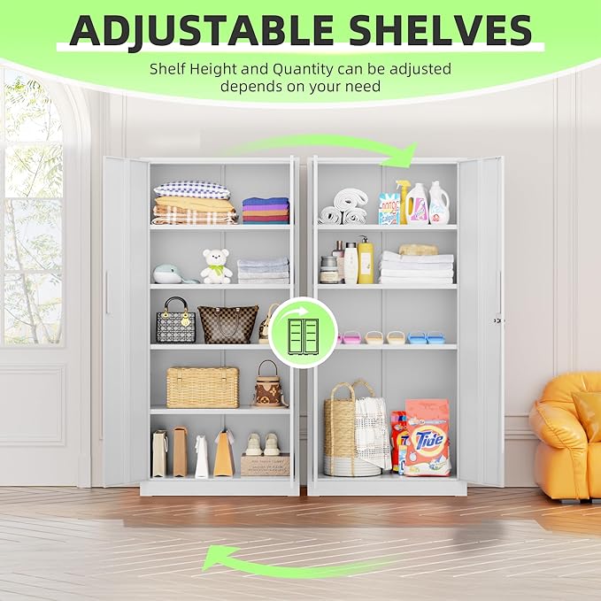 INTERGREAT White Metal Storage Cabinet, 72" Locking Steel Cabinets with 2 Door and 4 Adjustable Shelves, Tall Metal Cabinet for Home Office, Garage, Warehouse
