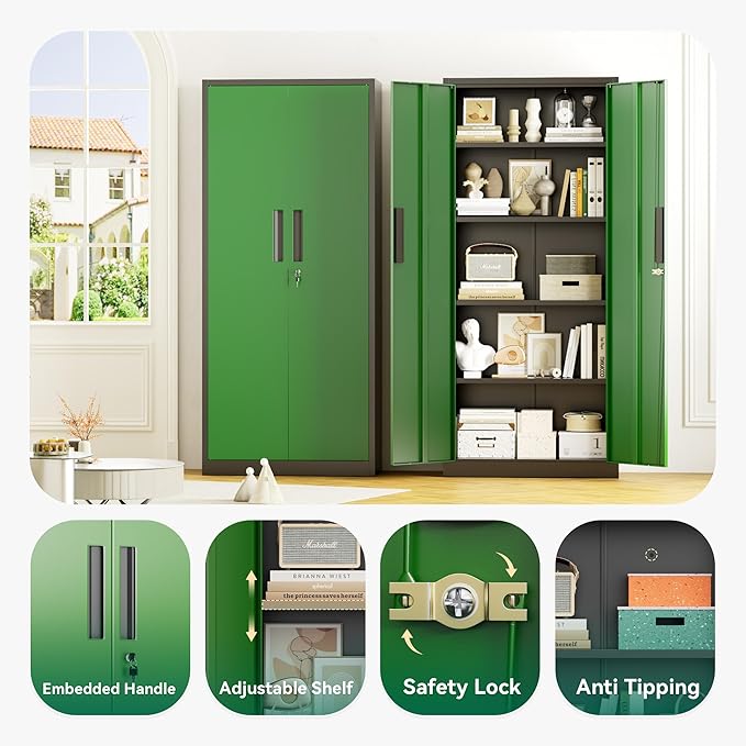 Greenvelly Metal Pantry Cabinet, 63”Tall Kitchen Pantry Storage Cabinets with 2 Lock Doors and 4 Adjustable Shelves for Home Office, Dinning Room,Garage(Black Green)