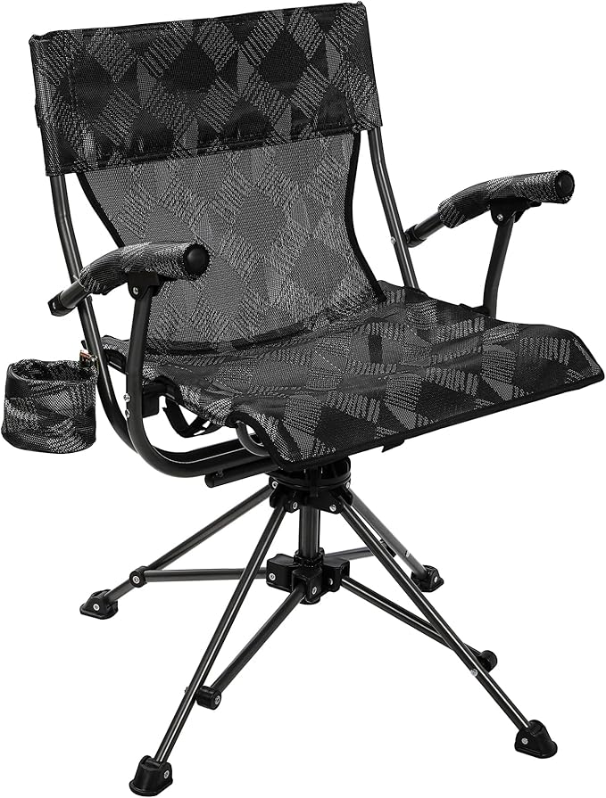 REDCAMP 360° Swivel Hunting Chairs for Ground Blinds, Portable Folding Camping Chairs for Adults Hunting Seats with Hard Arms for Fishing Camping, Black