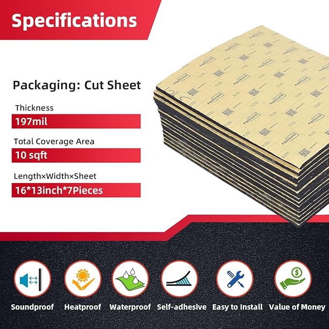 Sound Deadening Mat 197mil(5 mm) 9.95sqft - Closed Cell Foam Car Sound Deadening Material - Self-Adhesive Hood Insulation Heat Shield Auto Sound Dampening