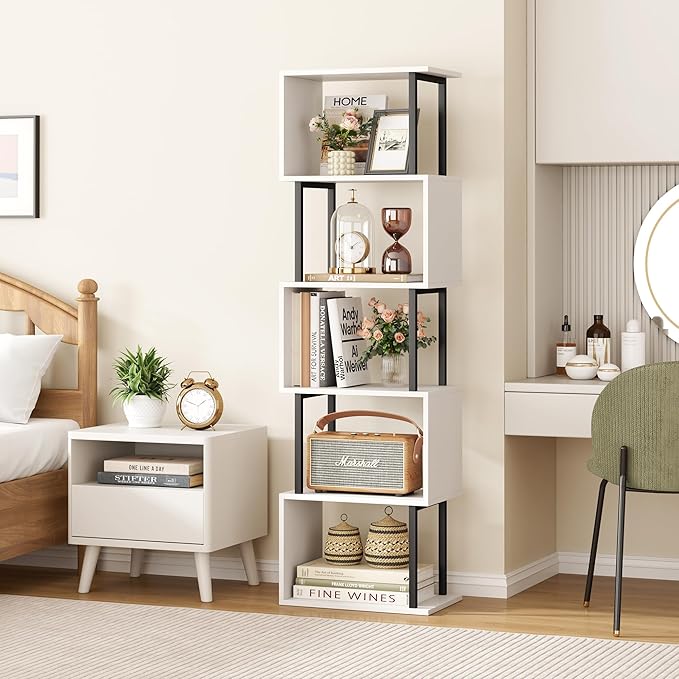 Yusong Bookshelf 5-Tier, Geometric Bookcase S Shaped Book Shelves for Bedroom, Modern Wood Decorative Display Shelf Book Case for Home Office, White and Black