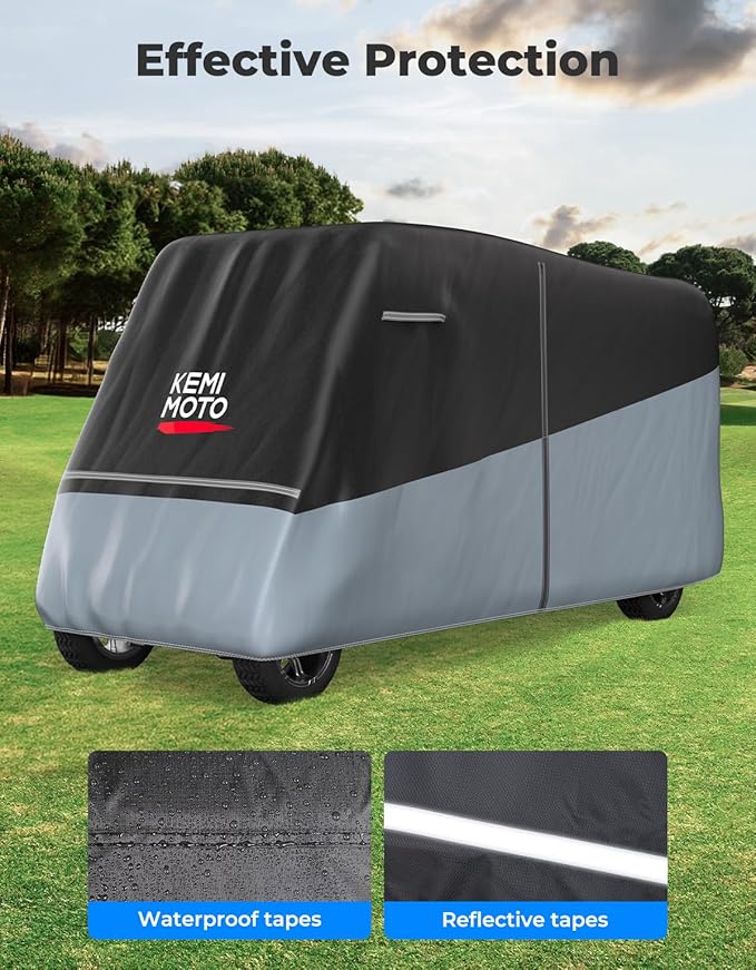 KEMIMOTO Golf Cart Cover, 2/2+2/4/4+2/6/6+2/8 Passenger Heavy Duty Golf Cart Rain Covers with Storage Bag Universal Compatible with EZGO Club Car