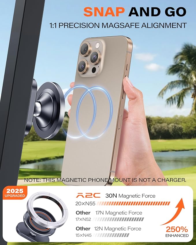 A2C Alloy Magnetic Golf Cart Phone Holder Compatible with MagSafe iPhone 12-17, Fits EZGO, Club Car, Yamaha, Golf Cart Accessories Essentials 2025 Stocking Stuffers Ideas Golf Gifts for Men Women Him