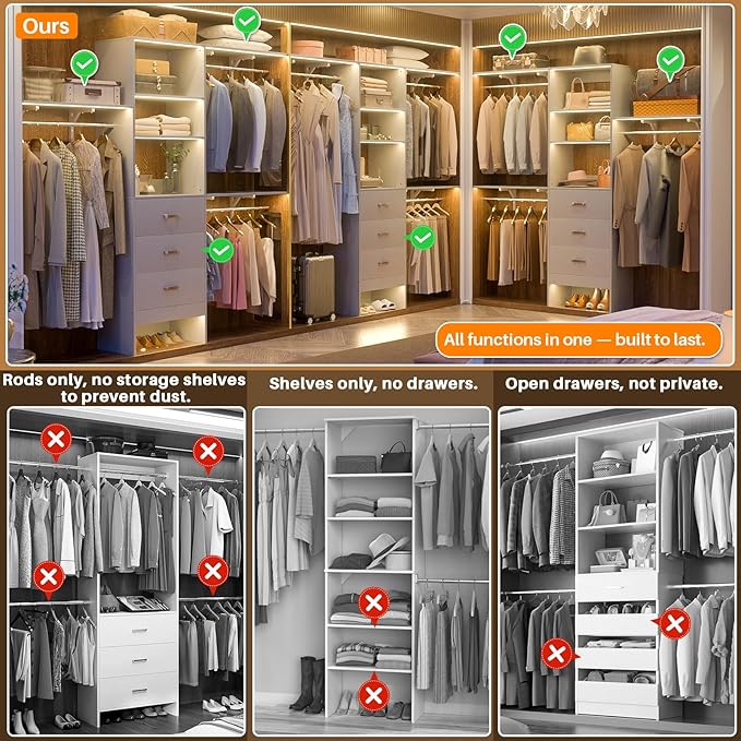 Armocity 96 Inches Closet System, 8FT Walk In Closet Organizer with 3 Shelving Towers, Heavy Duty Clothes Rack with 3 Drawers, Built-In Garment Rack, 96" L x 16" W x 75" H, Max Load 1000 LBS, Grey