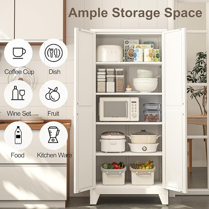 71H Tall Metal Storage Cabinet with 2 Doors and Adjustable Shelves,Farmhouse Storage Cabinet with Barn Doors,Pantry Storage for Home,Office,Dining Room,Kitchen,Bathroom(White)