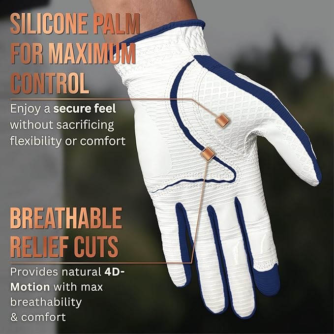 Copper Tech Golf Gloves Men Right Handed Golfer or Left Handed Golfer (2nd Gen) | Copper Compression Joint Support Golf Glove (White/Navy, Small, [Right Hand] for Left Handed Golfers)
