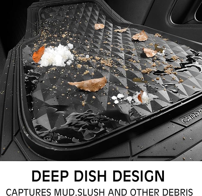 CAR PASS Heavy Duty Rubber Car Mats, Deep Dish All-Weather Floor Mat for Car Full Set Durable Anti-Slip 3D Rhombus Waterproof Trim to Fit Liner Universal Fit Automotive,Sedan,SUV,Truck, 3 Piece Black